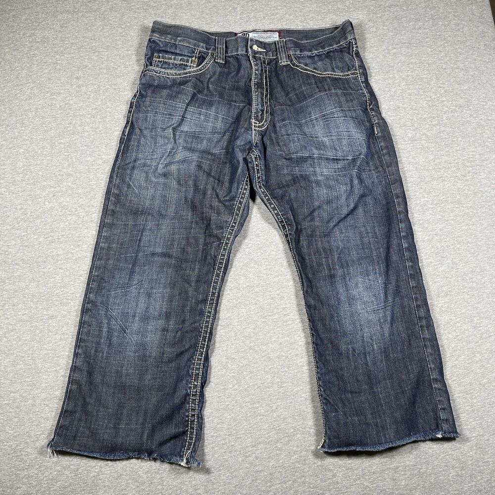 Artful Dodger Cropped Jeans Mens 38x25 Blue Baggy Skater Embroidered Studded